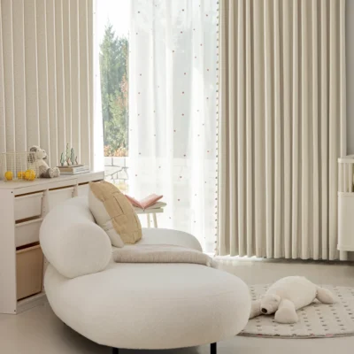 Sky Glaze Curtain in a soft modern room with light-filtering jacquard fabric and sheer layering