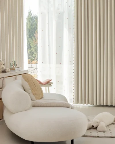 Sky Glaze Curtain in a soft modern room with light-filtering jacquard fabric and sheer layering