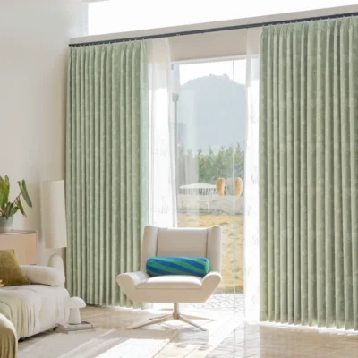 Forest Dream Curtain in green animal jacquard fabric – full room view with soft light and modern kids room decor