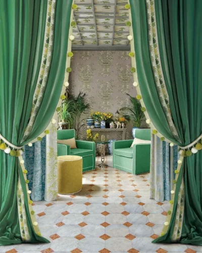 Green velvet S-fold custom curtains framing an arched doorway in a botanical living room — Lemonho.
