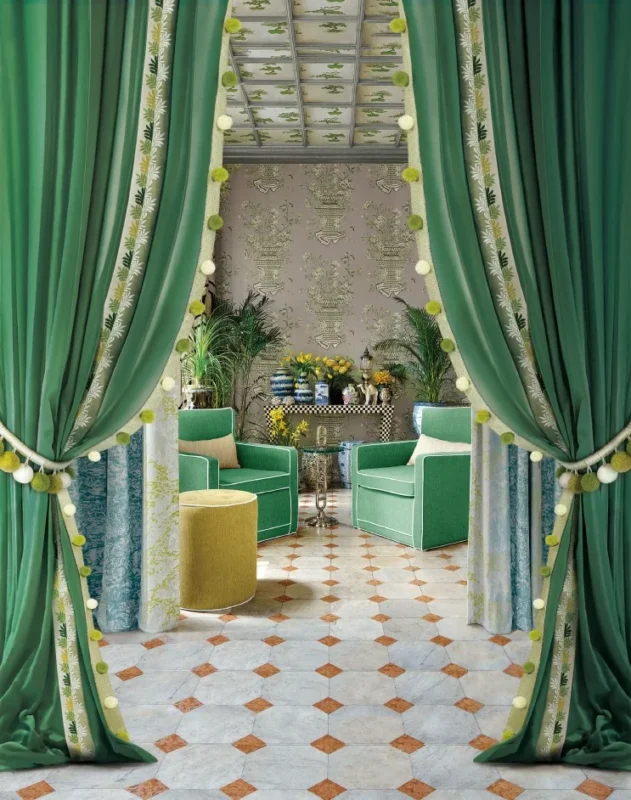 Luxurious Green Curtains Framing a Botanical Interior with Vintage Tiles and Velvet Seating