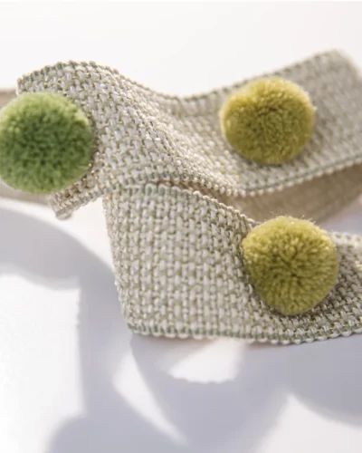 Eden Pom Fringe with Green Pom Poms on Beige Woven Tape – Nature-Inspired Decorative Trim