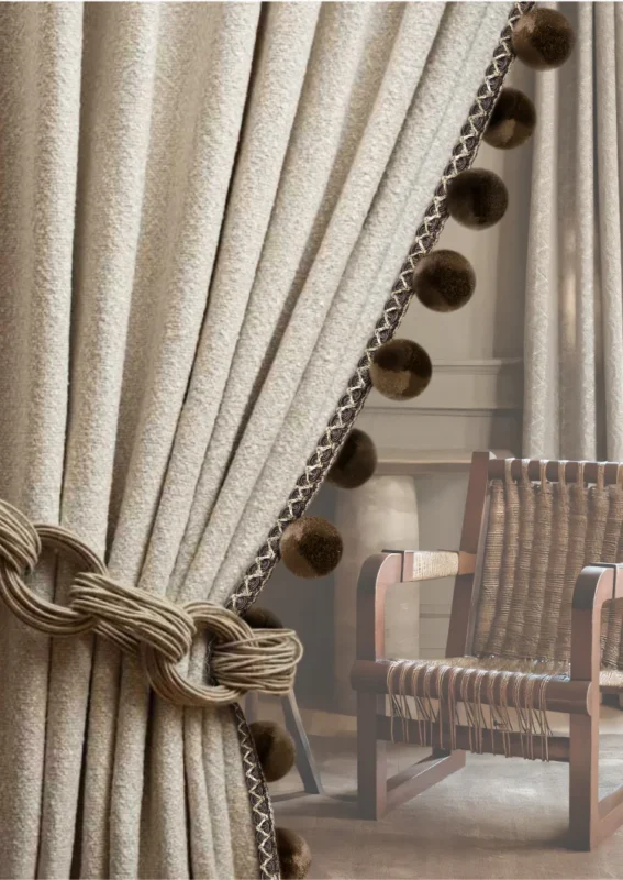 Eden Pom Tassel Trim on beige curtain with pom pom details