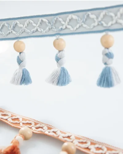 Norwegian Forest Wood Bead Tassel Trim on Linen Curtain