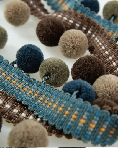 Rustic Harmony Pom Pom Fringe with multicolor textured poms and woven band – ideal for curtains and upholstery
