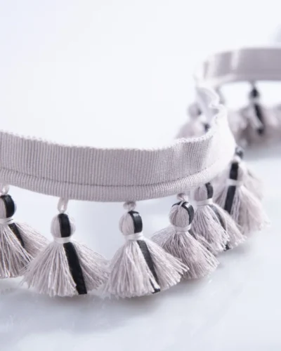 Main product image of single-layer gray tassel fringe trim with hand-tied details and soft matte texture
