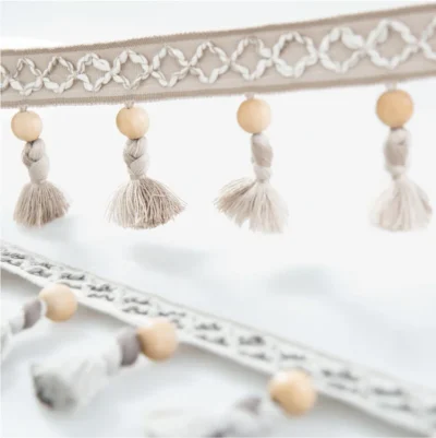 Close-up of Norwegian Forest Wood Bead Tassel Trim – Light and Natural Finish