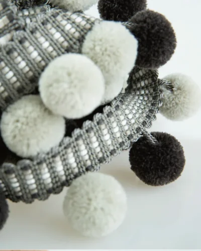 Monochrome black, white, and grey pom pom fringe trim for modern or minimalist home decor