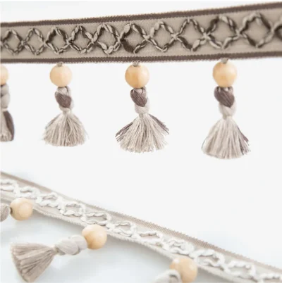 Natural Beige Norwegian Forest Wood Bead Tassel Trim Close-up