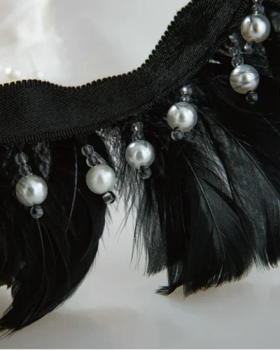 Black feather curtain trim with pearl beads – Hera style