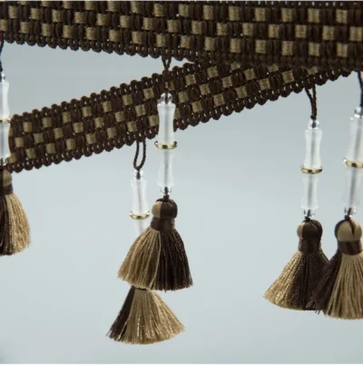 bamboo tassel curtain trim in green and neutral tones