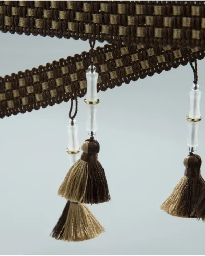 bamboo tassel curtain trim in green and neutral tones