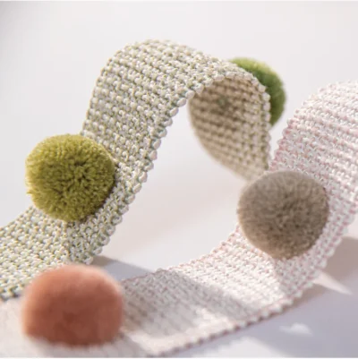 Eden Pom Fringe with Olive, Terracotta, Taupe, and Blush Pom Poms on Woven Tape