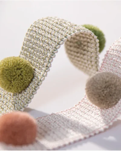 Eden Pom Fringe with Olive, Terracotta, Taupe, and Blush Pom Poms on Woven Tape