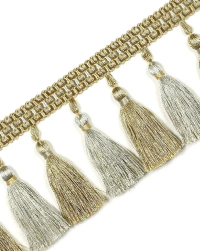 Color Isle Tassel Fringe Trim – Beige and Gold Decorative Curtain Trim