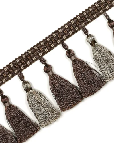 Color Isle Tassel Fringe Trim – Brown and Grey Curtain Trim Detail