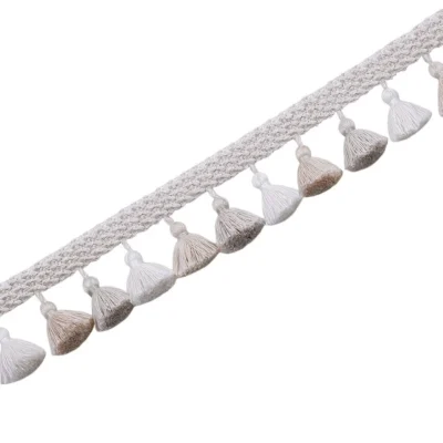 Minimalist curtain tassel trim in white and grey – Eden Garden Fringe by Lemonhone