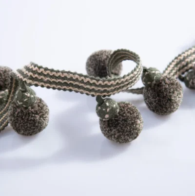 Olive Green Woven Pom Pom Trim for Curtain and Upholstery Decoration