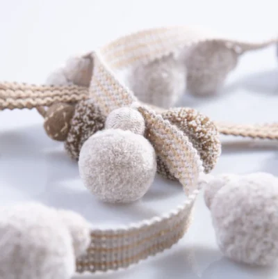 Natural Woven Pom Pom Trim in Beige for Curtains or Upholstery