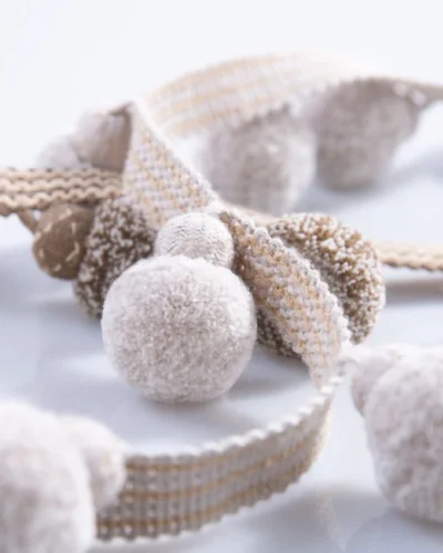 Natural Woven Pom Pom Trim in Beige for Curtains or Upholstery