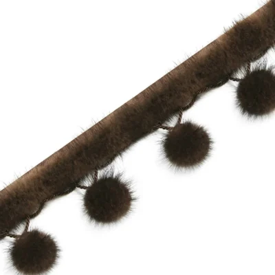Brown fluffy pom pom fringe trim with natural fiber texture – Mink Whisper Trim