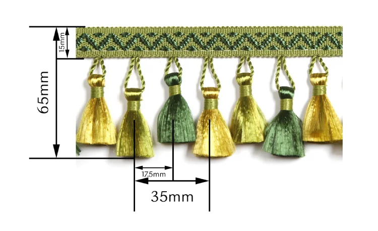 Size diagram of French-style curtain tassel trim in green and gold