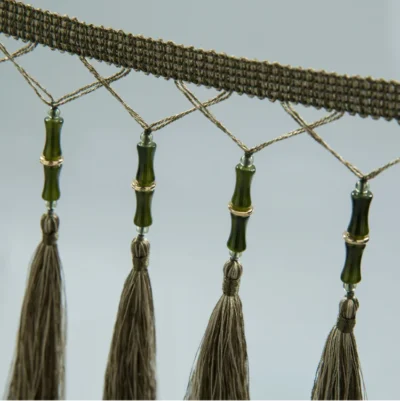 Zen bamboo curtain fringe in dark olive green with long tassels
