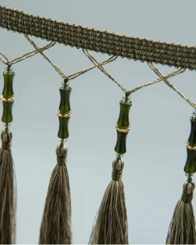Zen bamboo curtain fringe in dark olive green with long tassels