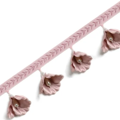 Nymph Garden lace curtain trim with dusty rose tassels and woven edge