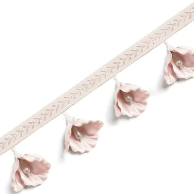 Nymph Garden lace curtain trim in dusty pink beige with floral tassels