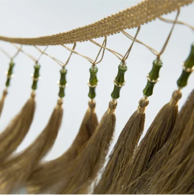 Zen bamboo curtain fringe in light olive green with soft tassels