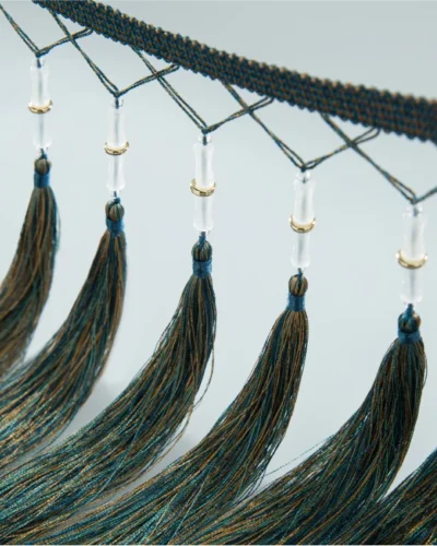 Zen bamboo curtain fringe in deep green with glossy tassels