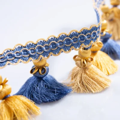 Medici Tassel Curtain Trim in Blue and Gold – Elegant Fringe for Drapery and Upholstery