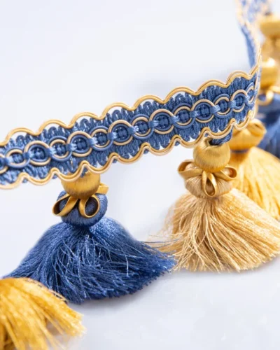 Medici Tassel Curtain Trim in Blue and Gold – Elegant Fringe for Drapery and Upholstery