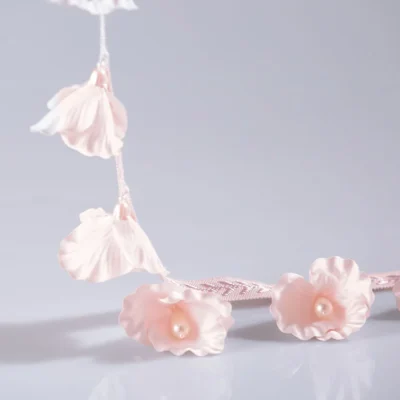 Nymph Garden lace curtain trim with delicate pink floral tassels for romantic interiors