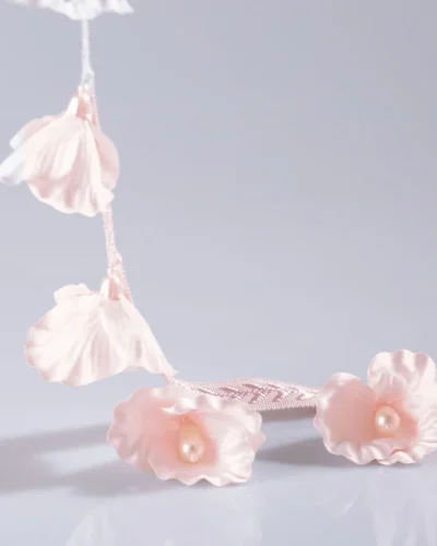 Nymph Garden lace curtain trim with delicate pink floral tassels for romantic interiors