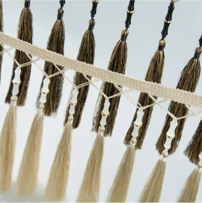 Black and white Zen bamboo curtain fringe with contrasting tassels