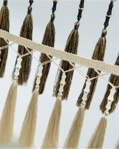 Black and white Zen bamboo curtain fringe with contrasting tassels