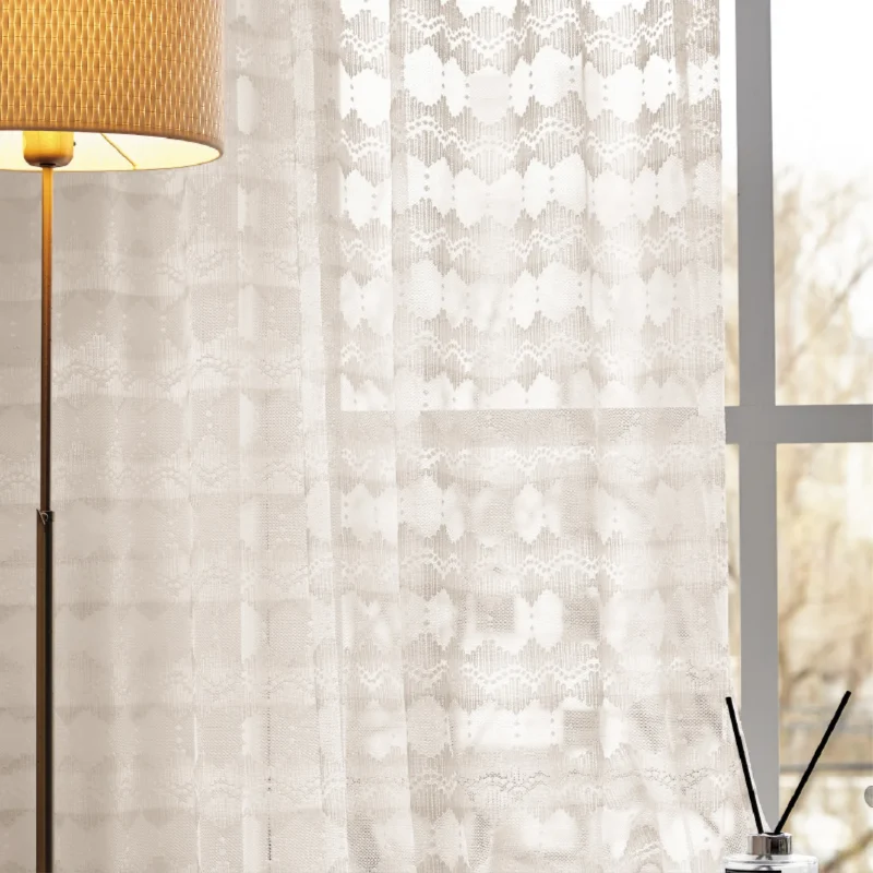 Lace curtain with geometric weave softly filtering light in a cozy room