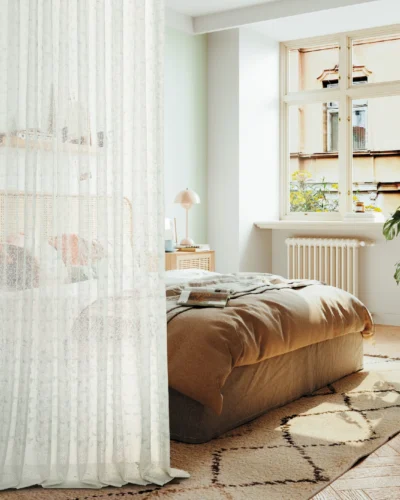 Blossom Veil Sheer Curtain in a modern living room with soft bloom texture