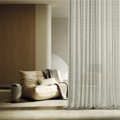 Serene Weave Sheer Curtain in modern living room with soft light and woven texture