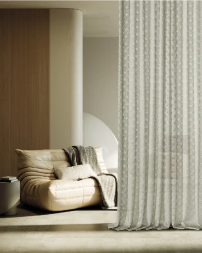 Serene Weave Sheer Curtain in modern living room with soft light and woven texture