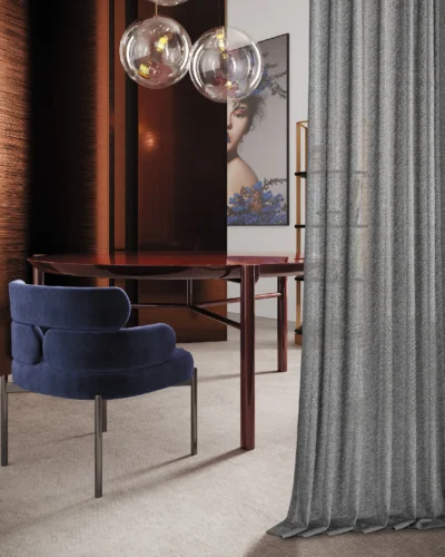 Lightflow lace curtain in a modern interior, filtering light with elegant texture.