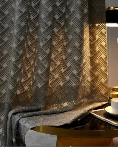 Serene Weave Sheer Curtain in dark jacquard texture under warm lamp lighting