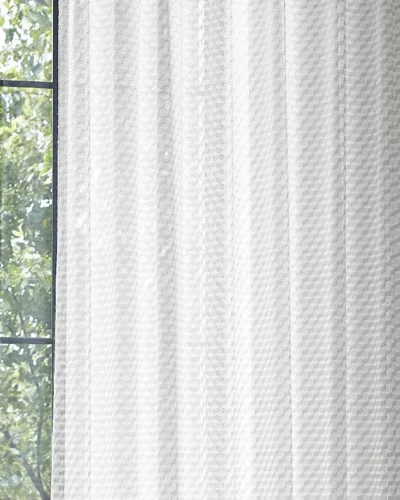 White geometric jacquard sheer curtain with soft light and tree view