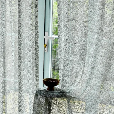 Scales Whisper Jacquard Sheer Curtain with Soft Light and Decorative Bowl