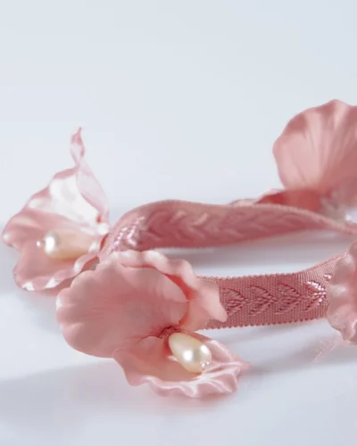 Pink 3D floral lace trim with pearl accents for romantic curtain decorations