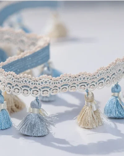 Elysee Tassel Fringe Trim in Sky Blue and Ivory – Elegant Lace Curtain Decoration