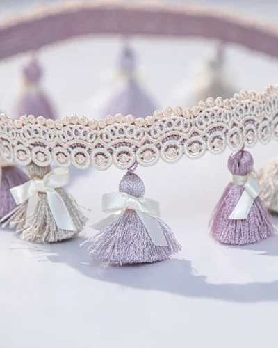Elysee Tassel Fringe Trim in Lavender and Ivory – Romantic Lace Curtain Accent