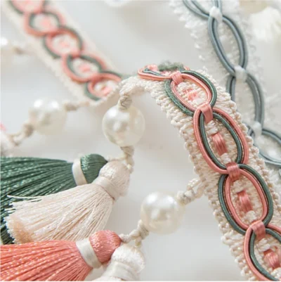 Annecy tassel fringe close-up with pearl beads and woven embroidered band